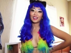 lovely asian chick miko dai with long blue hair and rainbow bra drops on  her - XXXPicz